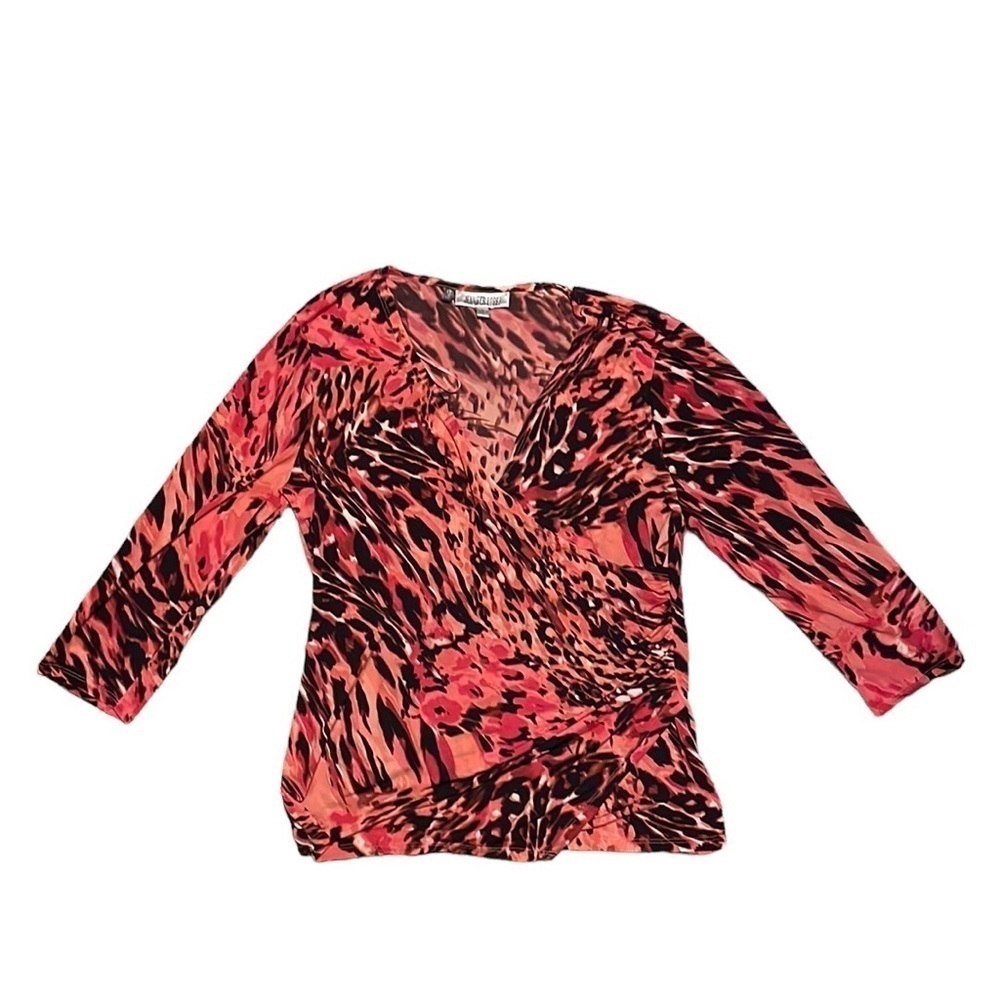 Jennifer Lopez Pink and Black Leopard Print V Neck Top